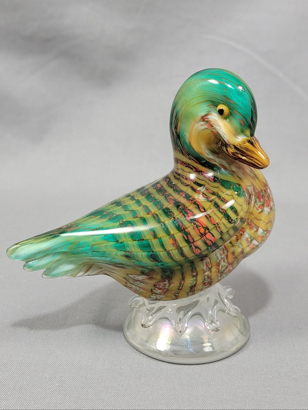 Vtg Murano Art Glass Duck Bird Figurine Marmorated Clear Pedestal Italy Venice